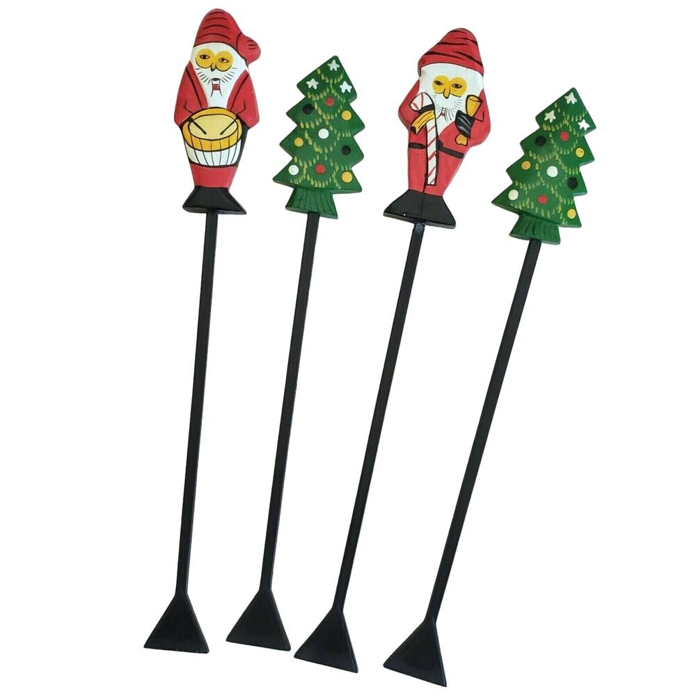Holiday Swizzle Sticks Christmas Tree Santa Cocktail Party Fun Whimsy Set of 4